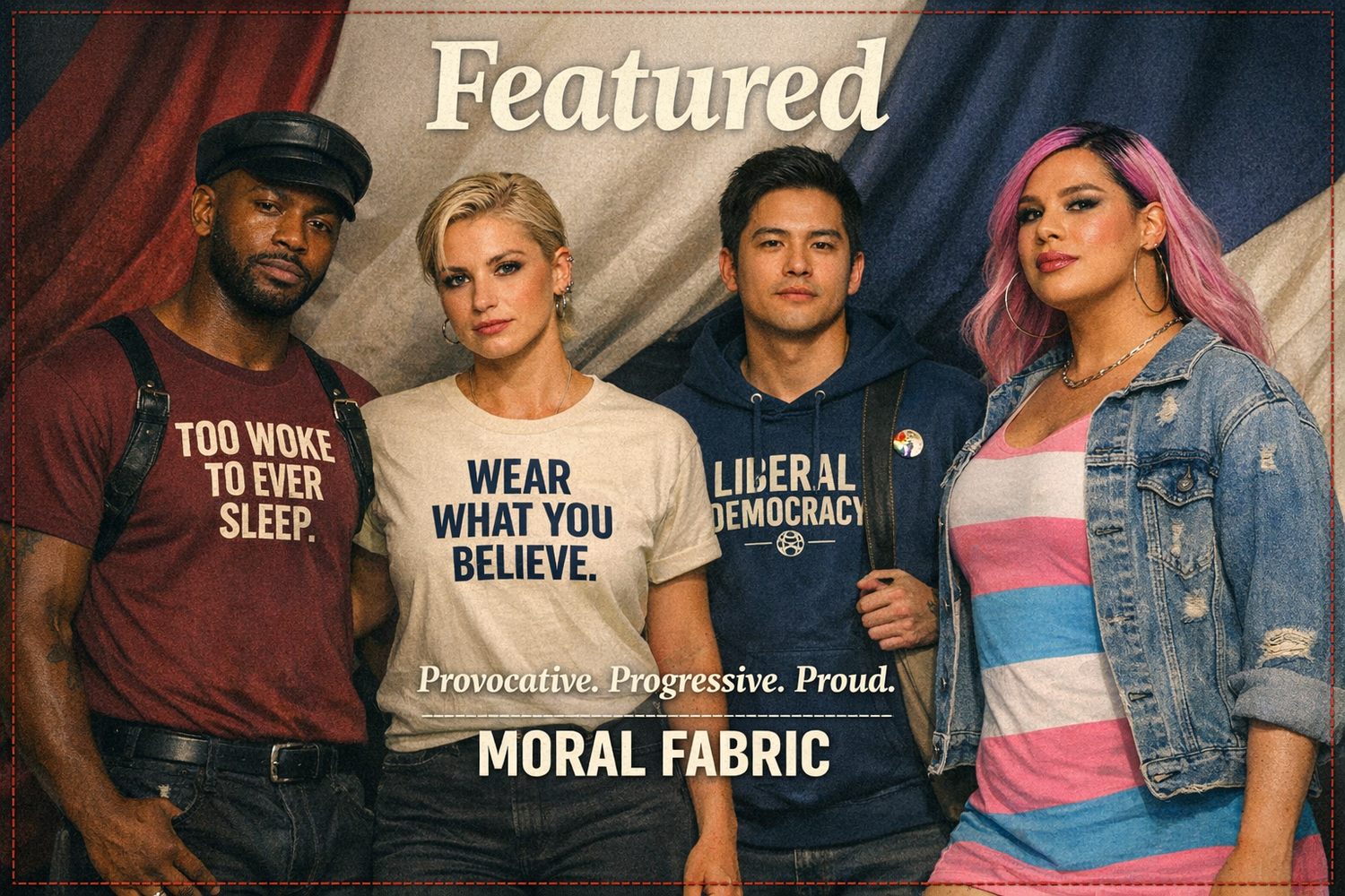 Four diverse models wearing Moral Fabric statement apparel stand before a red, cream, and navy backdrop. Text reads “Featured – Provocative. Progressive. Proud. Moral Fabric.”