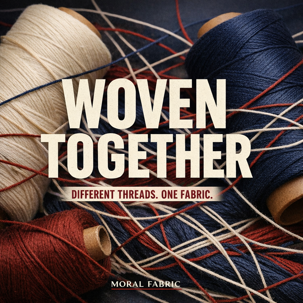 Promotional image for Moral Fabric’s “Woven Together” collection. Bone, navy, and oxblood threads intertwine behind bold text reading “WOVEN TOGETHER – Different Threads. One Fabric.” with the Moral Fabric logo below.