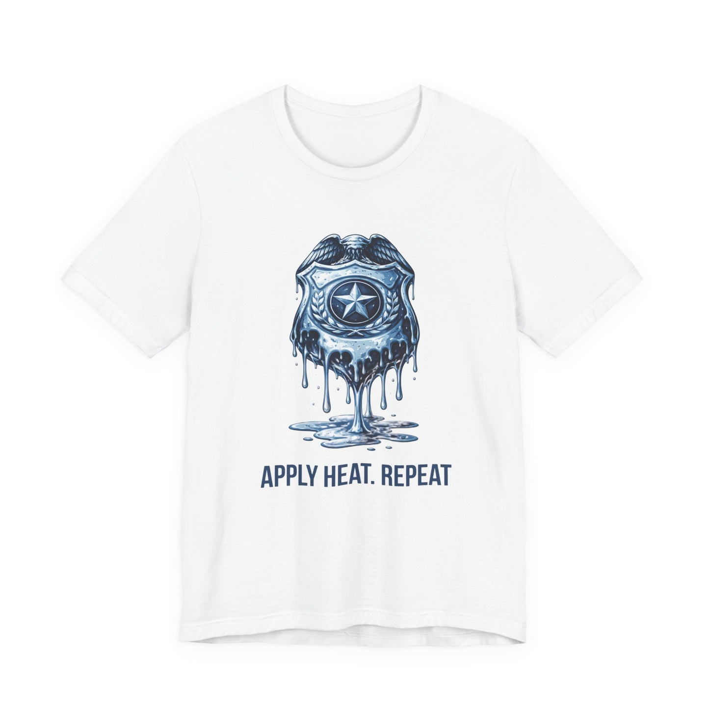 Apply Heat Repeat t-shirt by Moral Fabric — melting ICE badge graphic on progressive activist tee