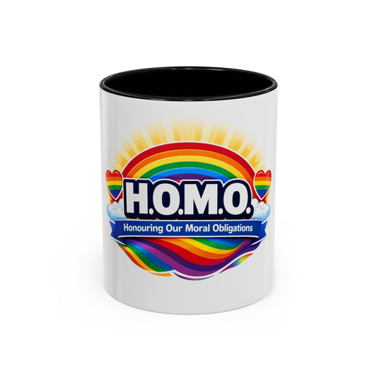 H.O.M.O. Mug – Honouring Our Moral Obligations – Rainbow Pride Coffee Mug – Funny Ally Gift – LGBTQ+ Mug – Two-Tone 11oz Ceramic Mug