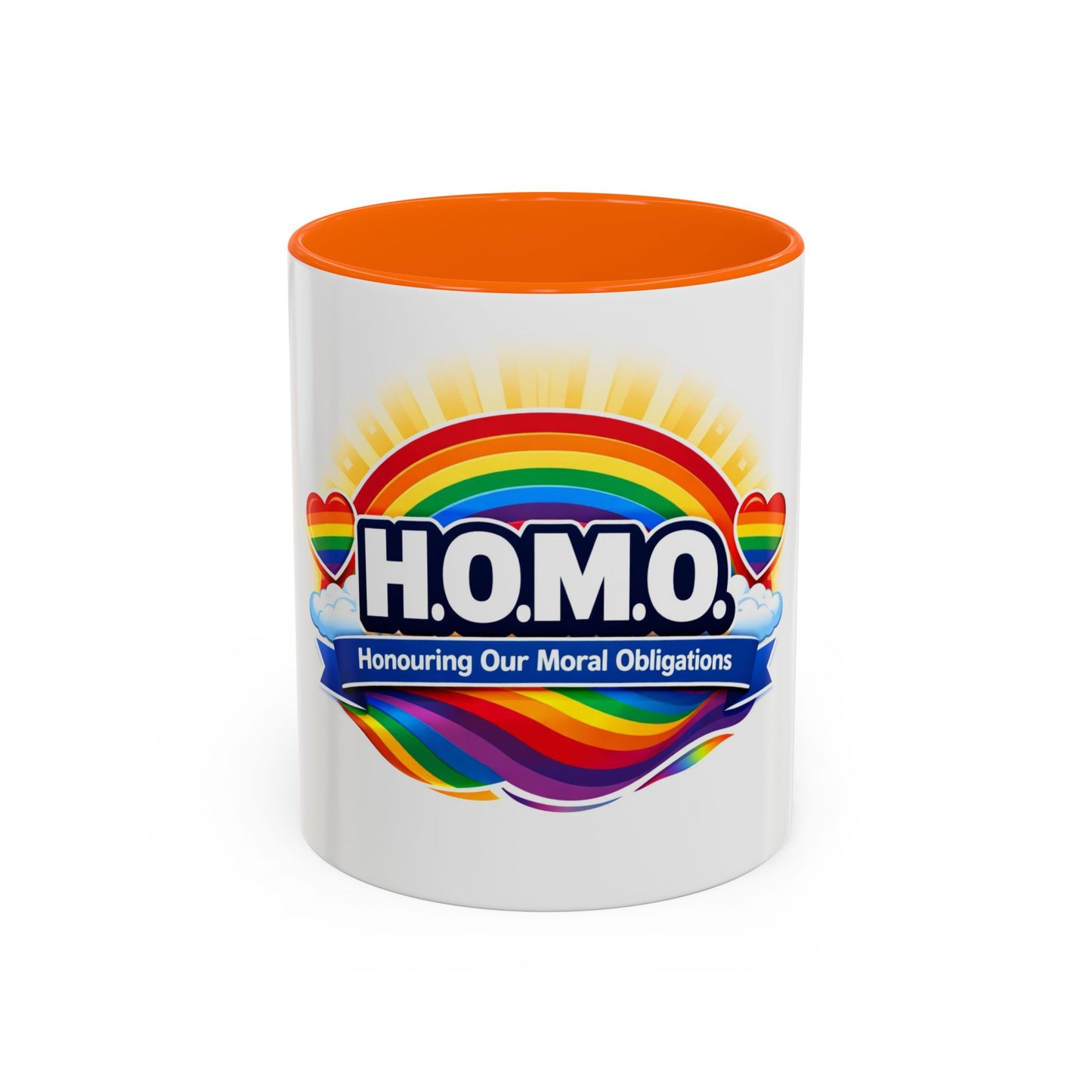 H.O.M.O. Mug – Honouring Our Moral Obligations – Rainbow Pride Coffee Mug – Funny Ally Gift – LGBTQ+ Mug – Two-Tone 11oz Ceramic Mug