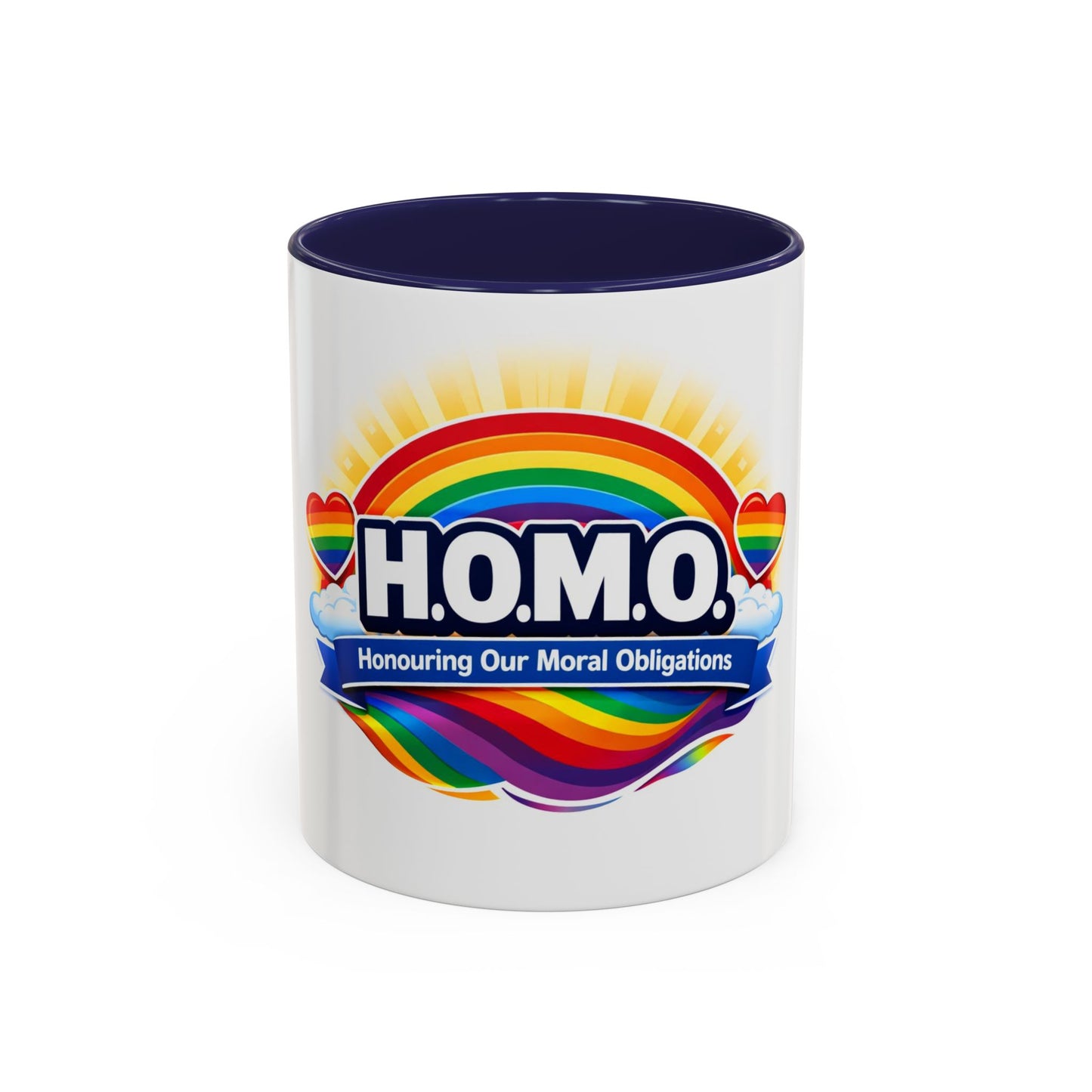 H.O.M.O. Mug – Honouring Our Moral Obligations – Rainbow Pride Coffee Mug – Funny Ally Gift – LGBTQ+ Mug – Two-Tone 11oz Ceramic Mug