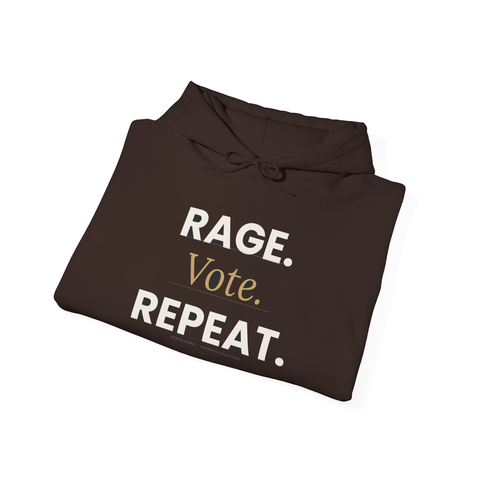 Rage Vote Repeat heavy blend hoodie by Moral Fabric — progressive political streetwear Canada