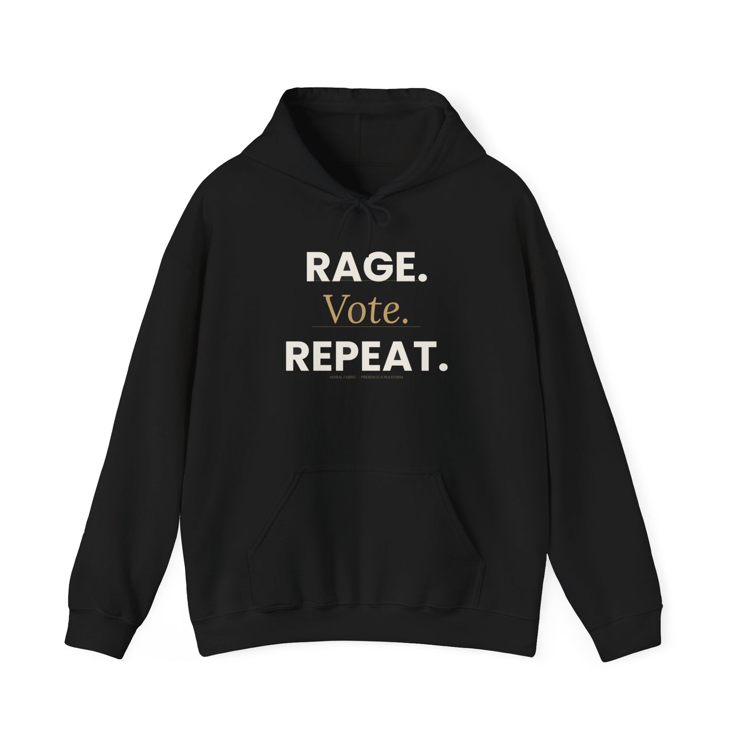 Rage Vote Repeat heavy blend hoodie by Moral Fabric — progressive political streetwear Canada