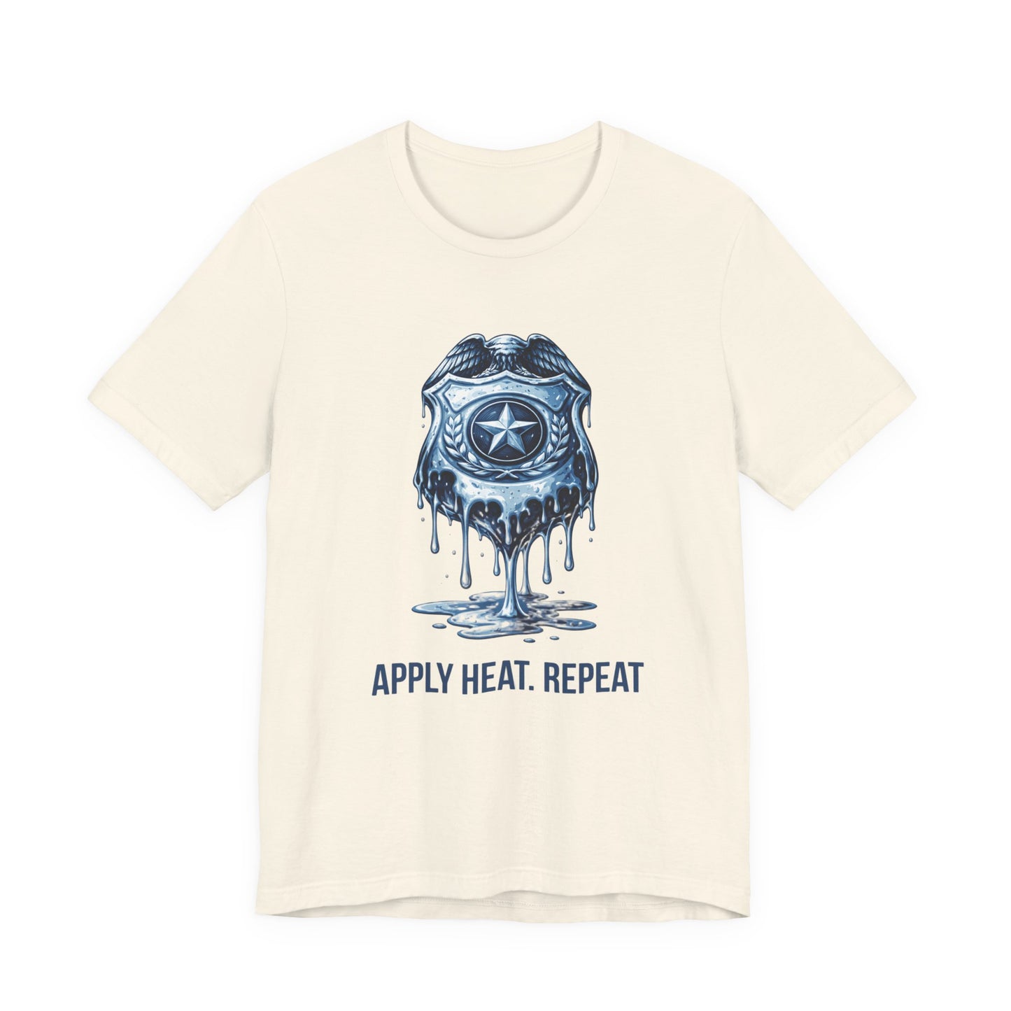 Apply Heat Repeat t-shirt by Moral Fabric — melting ICE badge graphic on progressive activist tee