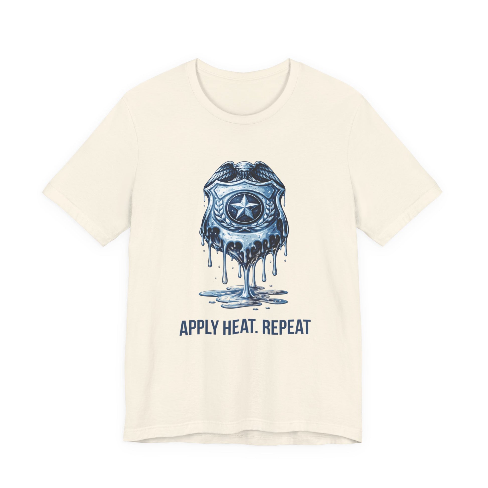 Apply Heat Repeat t-shirt by Moral Fabric — melting ICE badge graphic on progressive activist tee