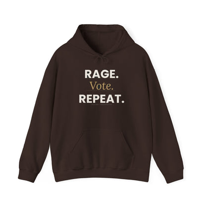 Rage Vote Repeat heavy blend hoodie by Moral Fabric — progressive political streetwear Canada