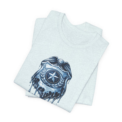 Apply Heat Repeat t-shirt by Moral Fabric — melting ICE badge graphic on progressive activist tee
