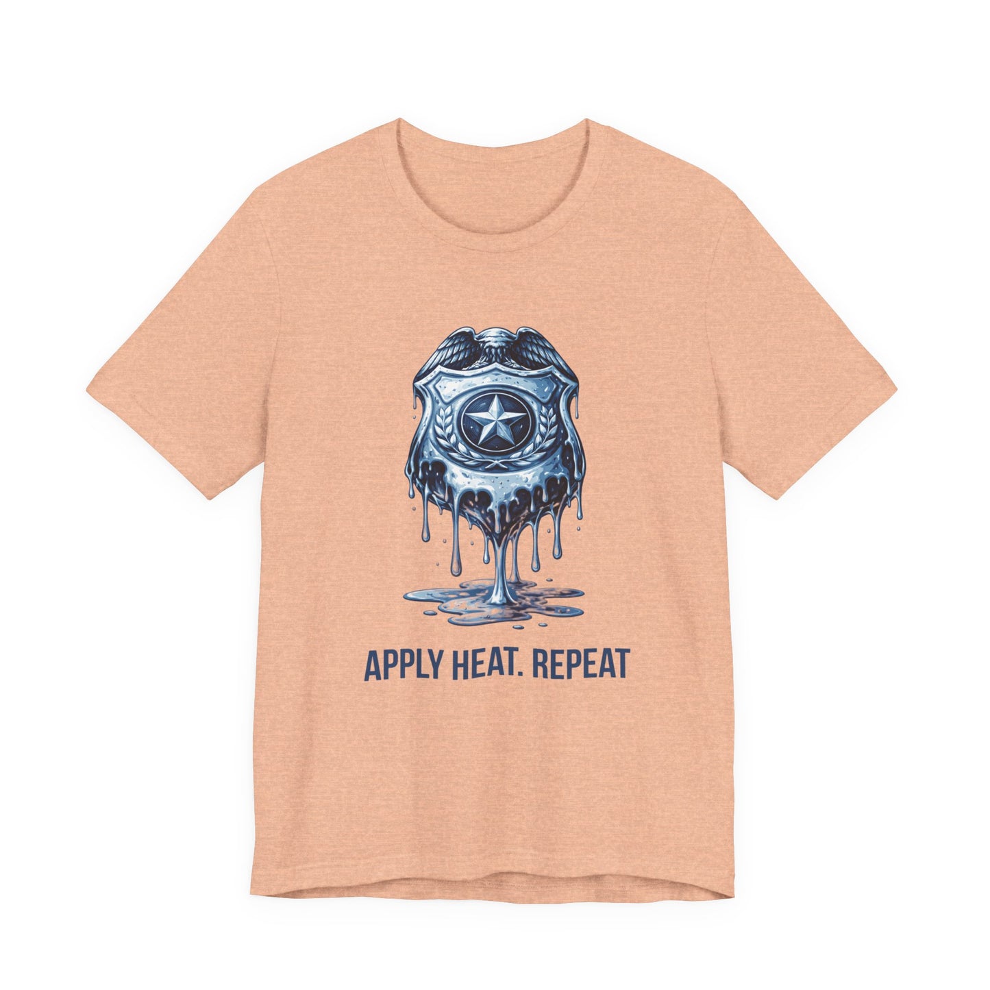 Apply Heat Repeat t-shirt by Moral Fabric — melting ICE badge graphic on progressive activist tee