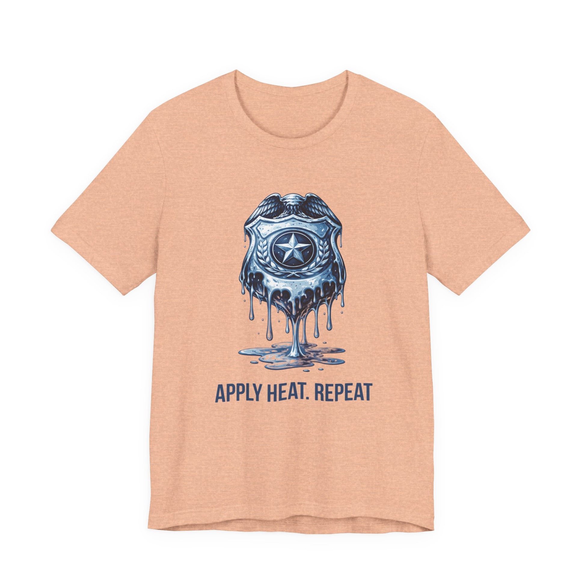 Apply Heat Repeat t-shirt by Moral Fabric — melting ICE badge graphic on progressive activist tee