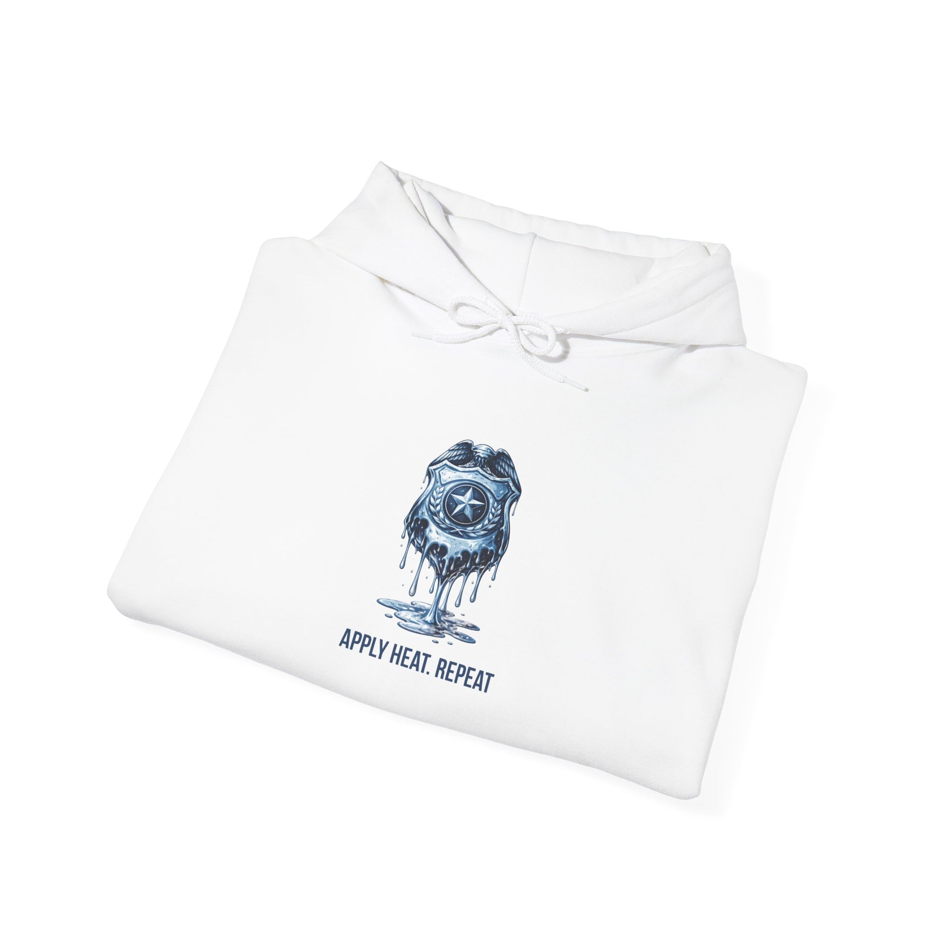 Apply Heat Repeat anti-ICE hoodie by Moral Fabric — melting badge graphic on progressive political streetwear