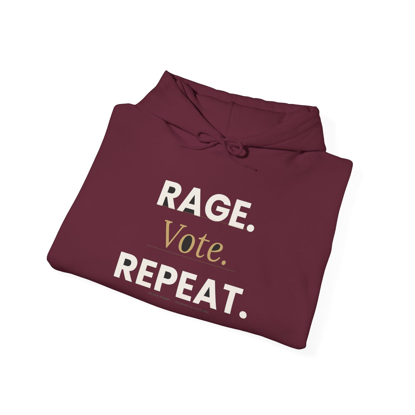 Rage Vote Repeat heavy blend hoodie by Moral Fabric — progressive political streetwear Canada