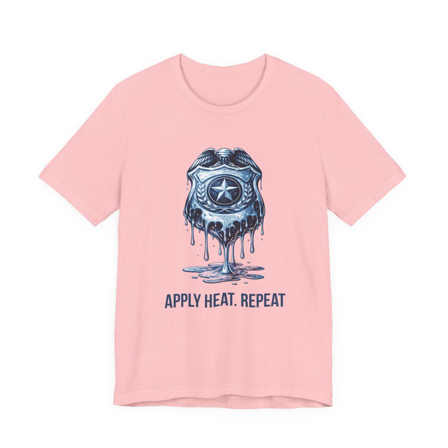 Apply Heat Repeat t-shirt by Moral Fabric — melting ICE badge graphic on progressive activist tee