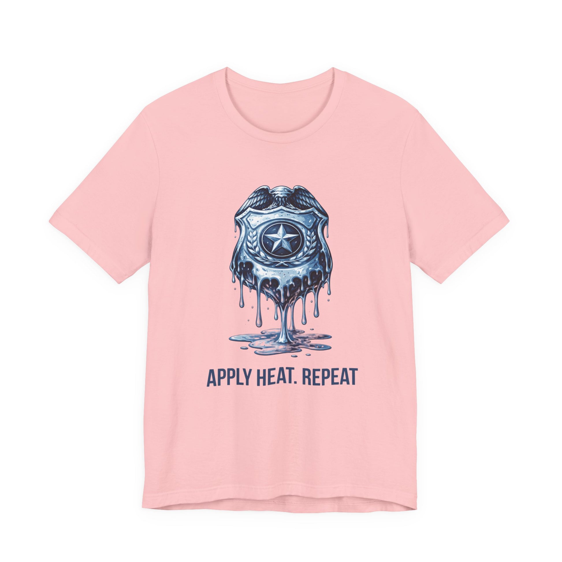 Apply Heat Repeat t-shirt by Moral Fabric — melting ICE badge graphic on progressive activist tee