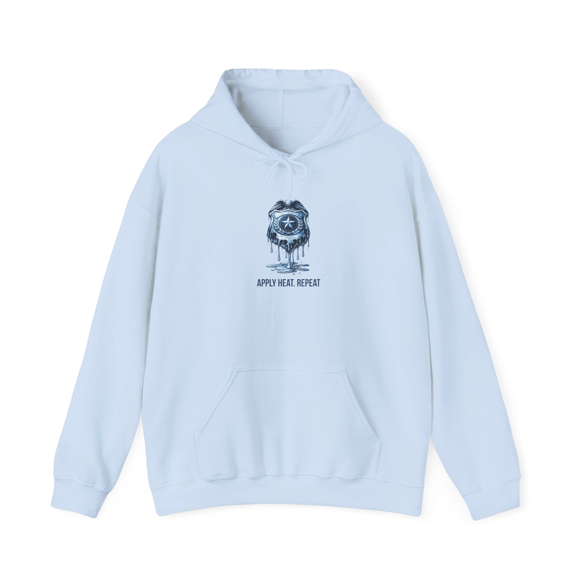 Apply Heat Repeat anti-ICE hoodie by Moral Fabric — melting badge graphic on progressive political streetwear