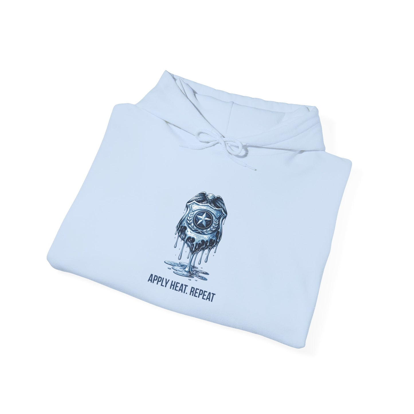 Apply Heat Repeat anti-ICE hoodie by Moral Fabric — melting badge graphic on progressive political streetwear