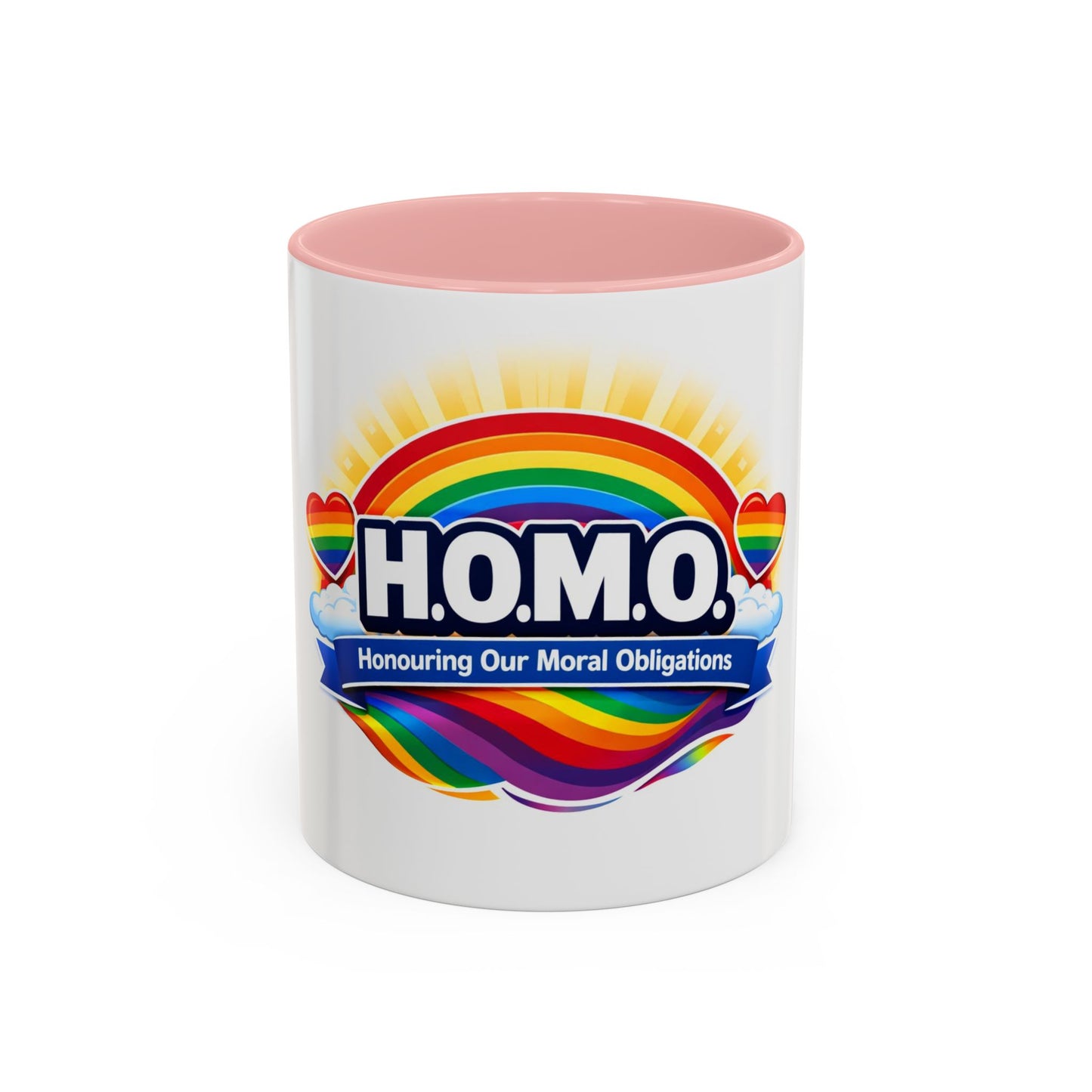 H.O.M.O. Mug – Honouring Our Moral Obligations – Rainbow Pride Coffee Mug – Funny Ally Gift – LGBTQ+ Mug – Two-Tone 11oz Ceramic Mug