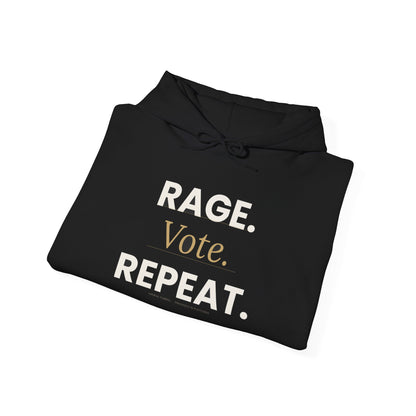 Rage Vote Repeat heavy blend hoodie by Moral Fabric — progressive political streetwear Canada