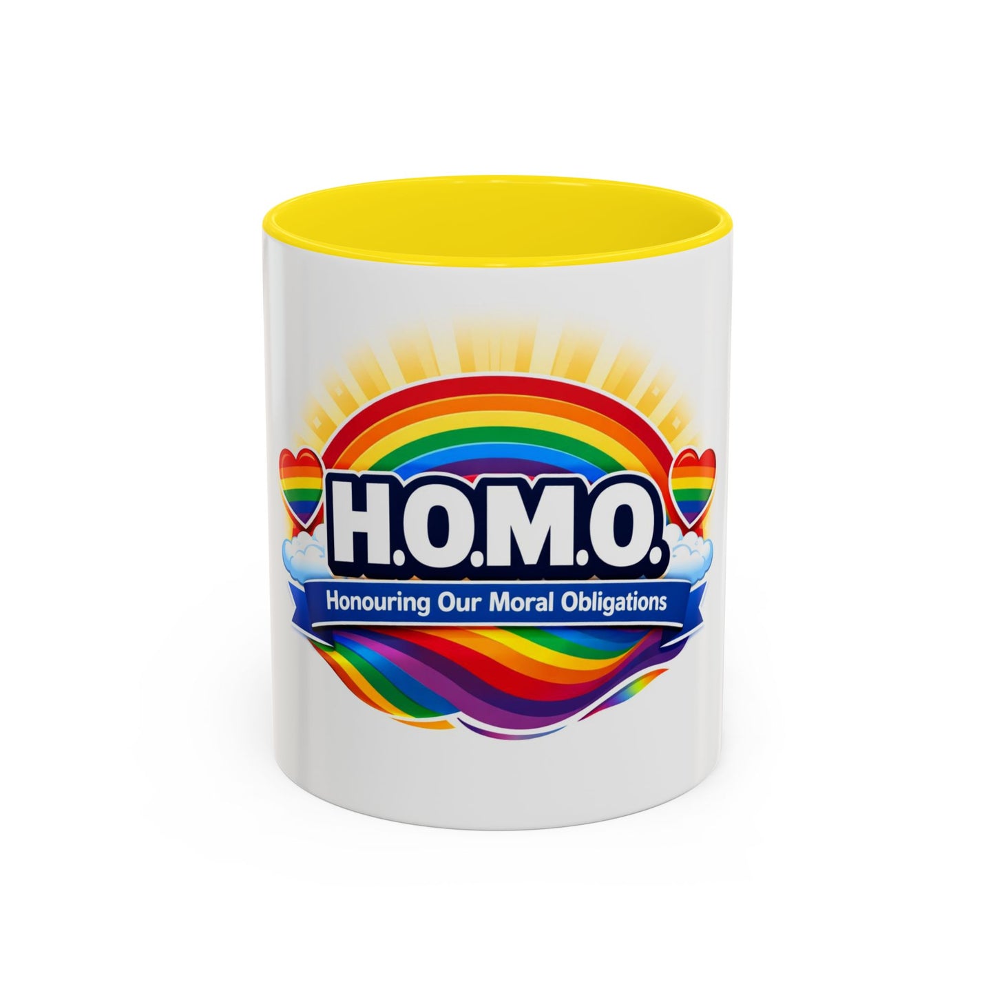 H.O.M.O. Mug – Honouring Our Moral Obligations – Rainbow Pride Coffee Mug – Funny Ally Gift – LGBTQ+ Mug – Two-Tone 11oz Ceramic Mug