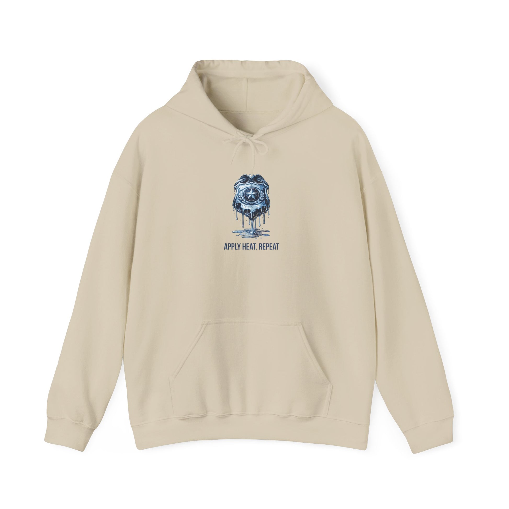 Apply Heat Repeat anti-ICE hoodie by Moral Fabric — melting badge graphic on progressive political streetwear