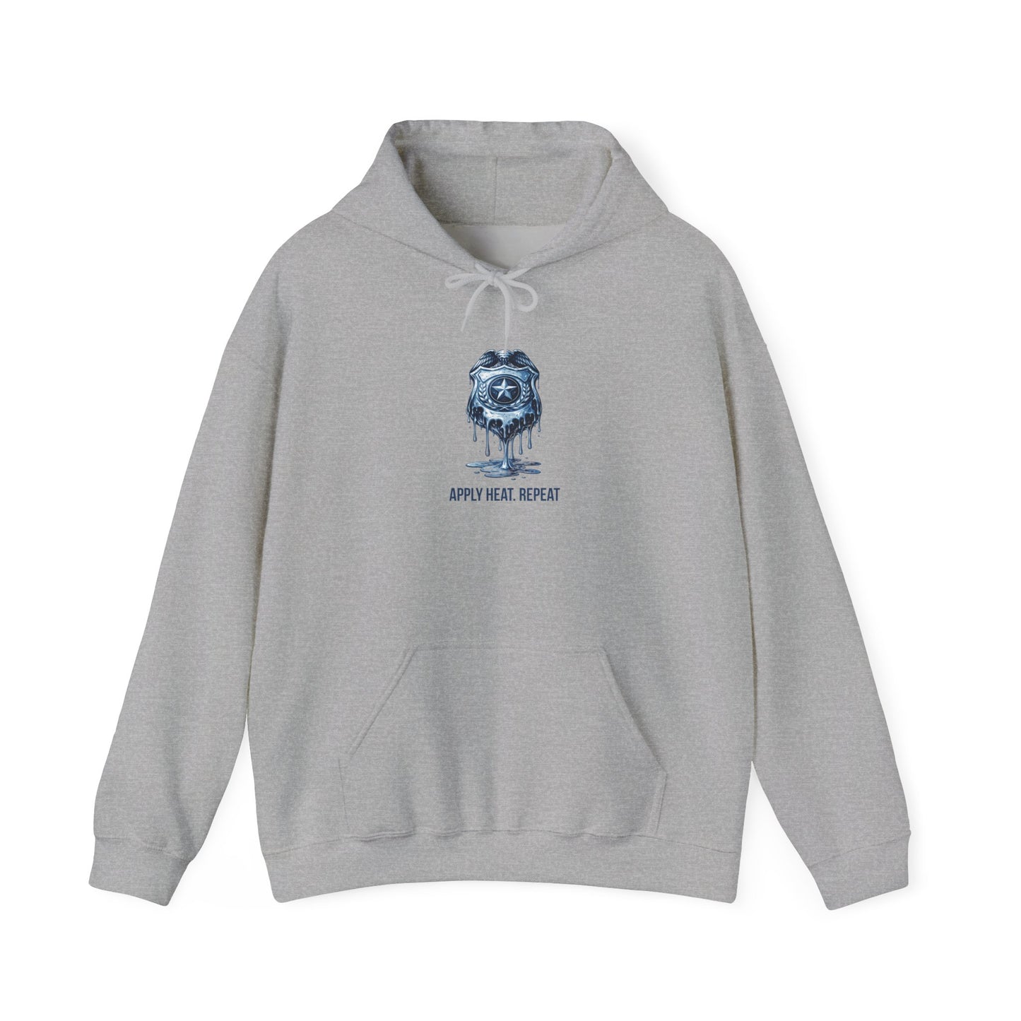 Apply Heat Repeat anti-ICE hoodie by Moral Fabric — melting badge graphic on progressive political streetwear