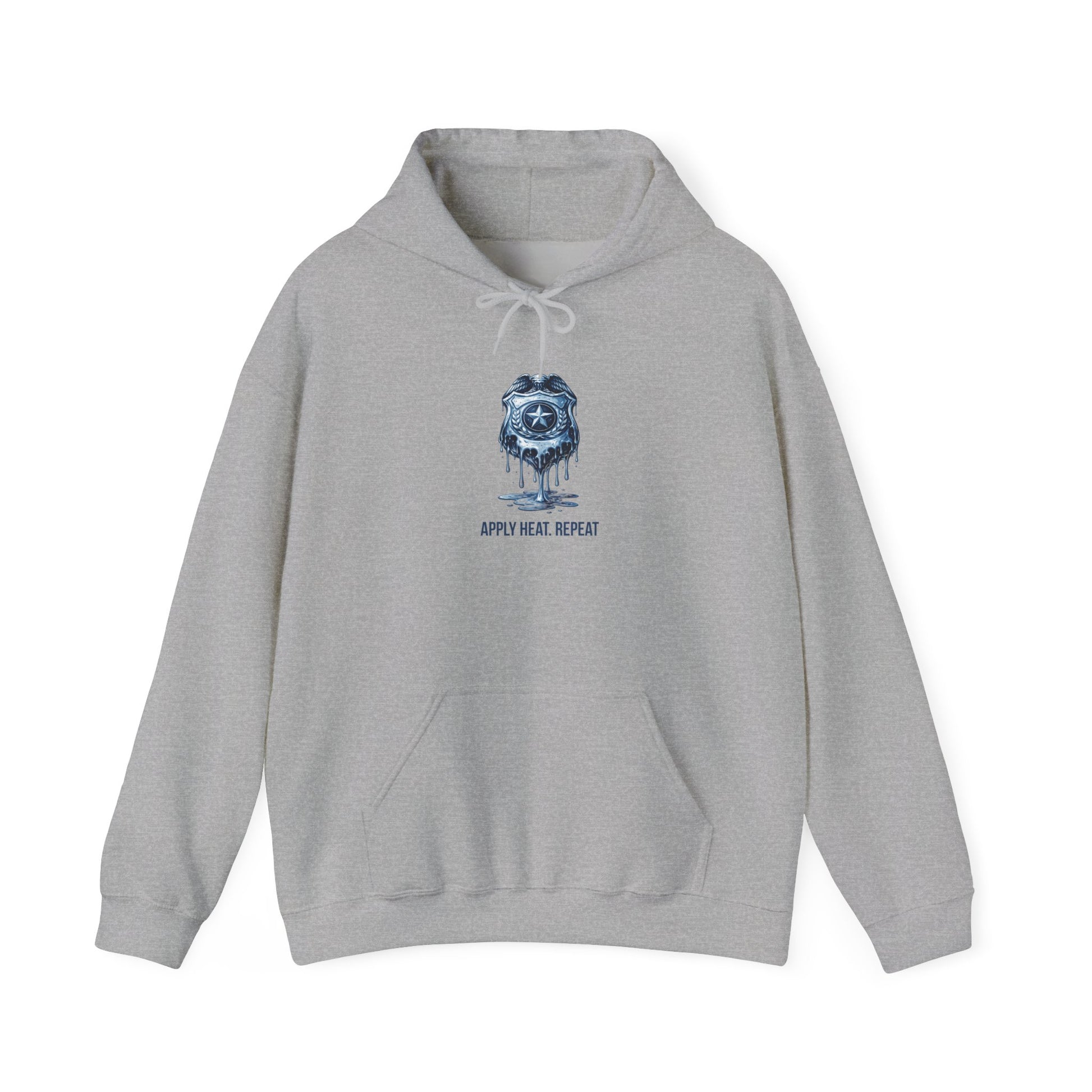 Apply Heat Repeat anti-ICE hoodie by Moral Fabric — melting badge graphic on progressive political streetwear