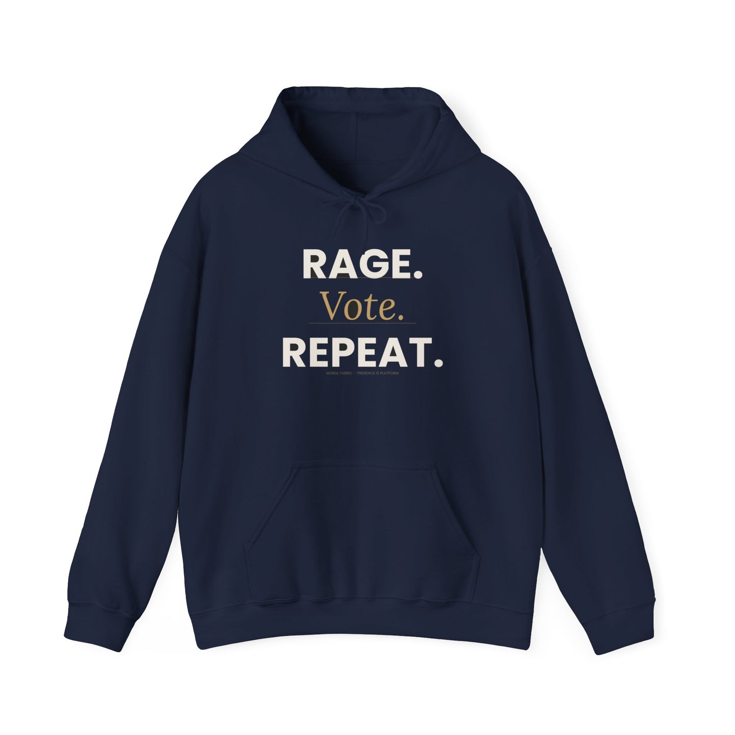 Rage Vote Repeat heavy blend hoodie by Moral Fabric — progressive political streetwear Canada
