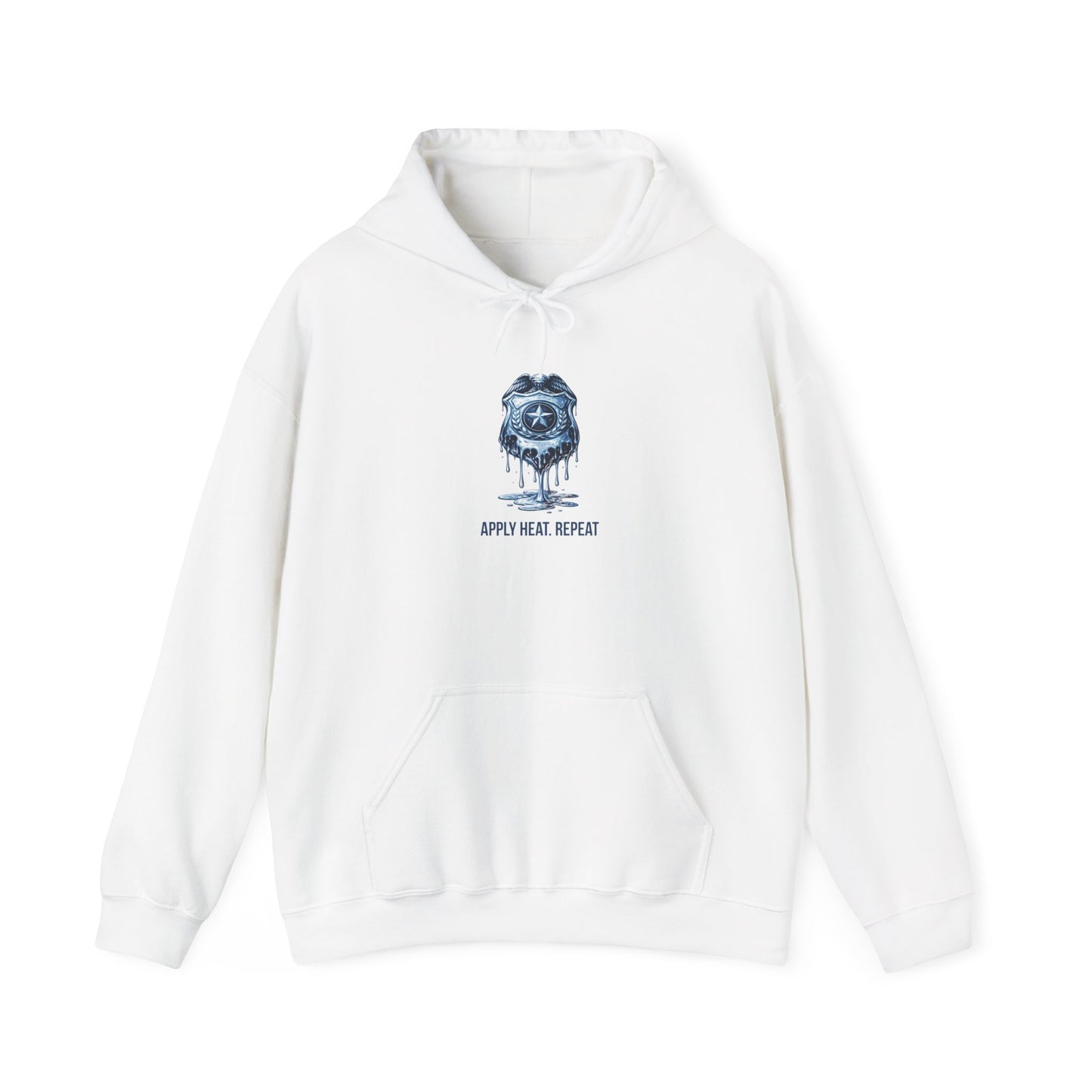 Apply Heat Repeat anti-ICE hoodie by Moral Fabric — melting badge graphic on progressive political streetwear