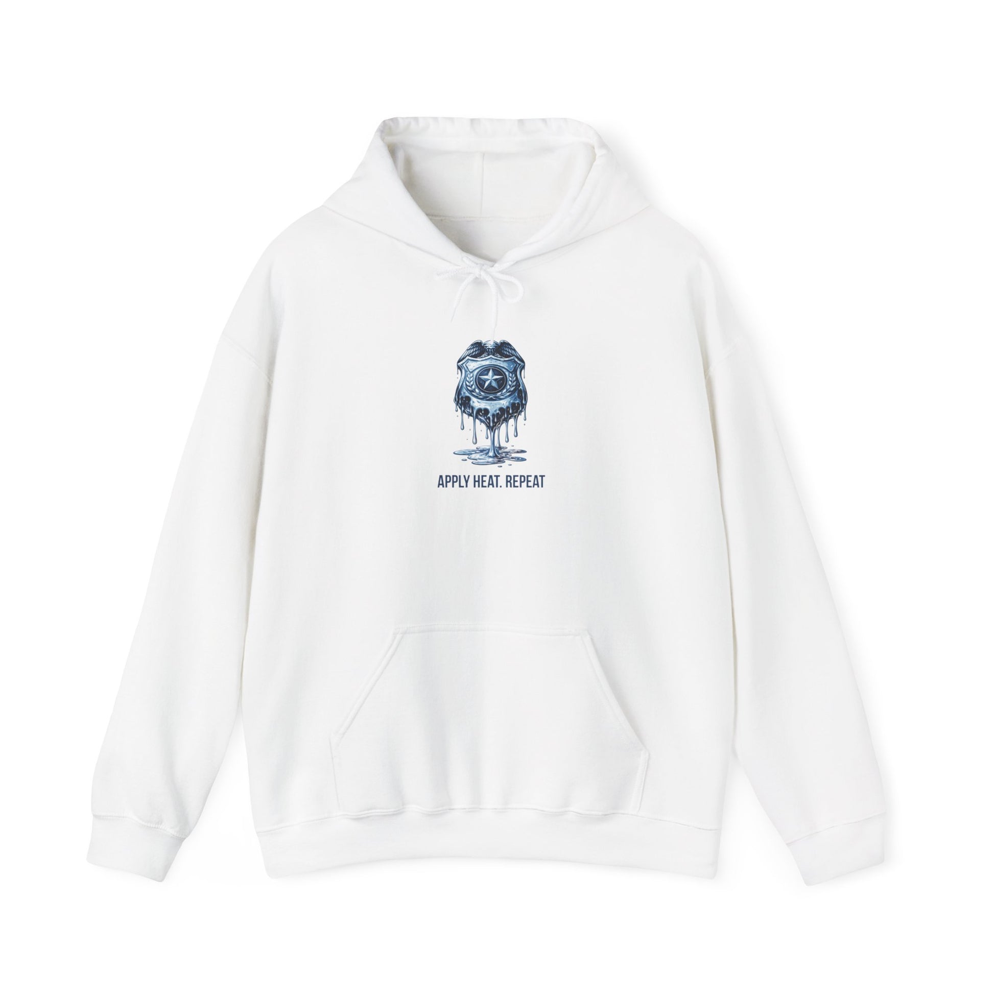 Apply Heat Repeat anti-ICE hoodie by Moral Fabric — melting badge graphic on progressive political streetwear