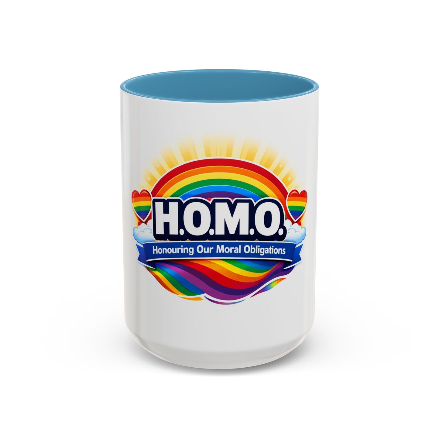 H.O.M.O. Mug – Honouring Our Moral Obligations – Rainbow Pride Coffee Mug – Funny Ally Gift – LGBTQ+ Mug – Two-Tone 11oz Ceramic Mug