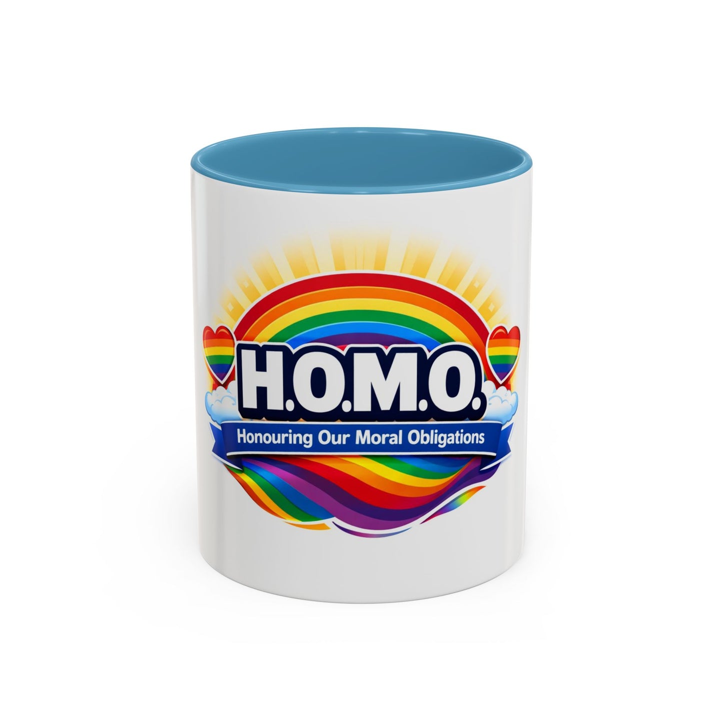 H.O.M.O. Mug – Honouring Our Moral Obligations – Rainbow Pride Coffee Mug – Funny Ally Gift – LGBTQ+ Mug – Two-Tone 11oz Ceramic Mug