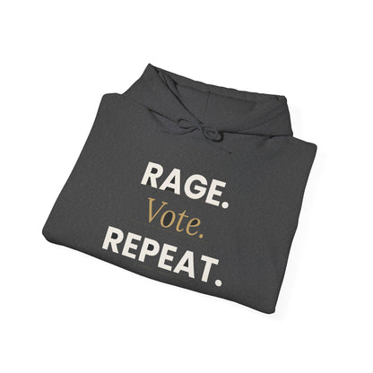 Rage Vote Repeat heavy blend hoodie by Moral Fabric — progressive political streetwear Canada