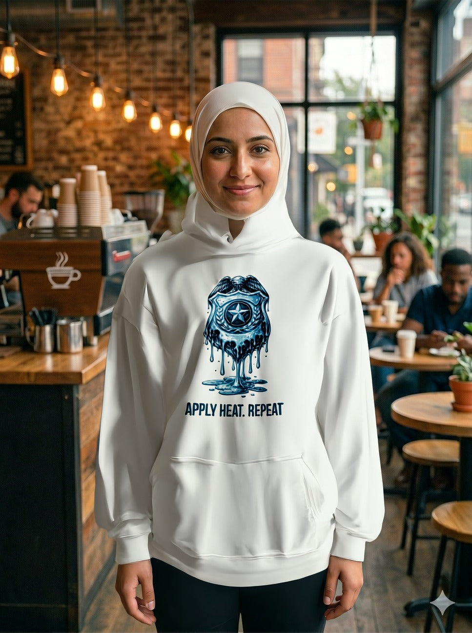 Apply Heat Repeat anti-ICE hoodie by Moral Fabric — melting badge graphic on progressive political streetwear