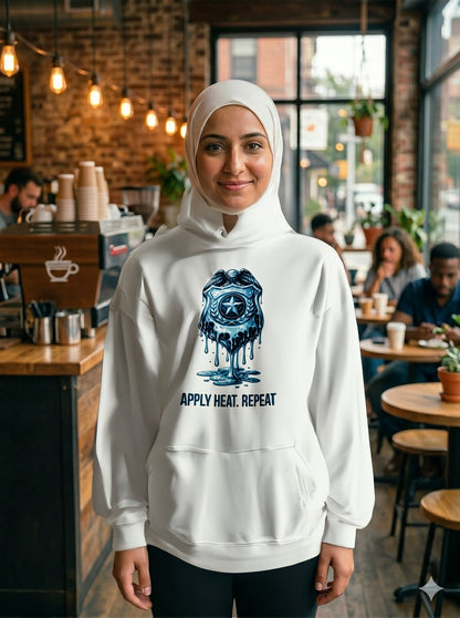 Apply Heat Repeat anti-ICE hoodie by Moral Fabric — melting badge graphic on progressive political streetwear