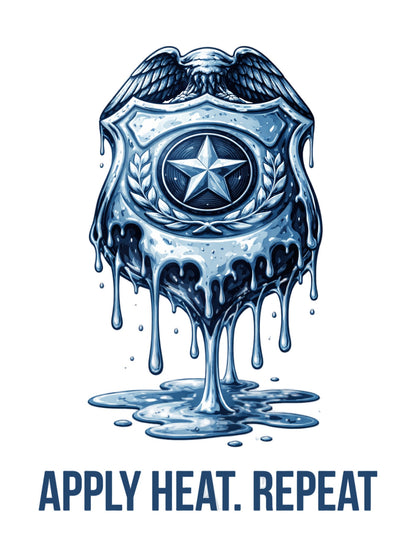 Apply Heat Repeat t-shirt by Moral Fabric — melting ICE badge graphic on progressive activist tee