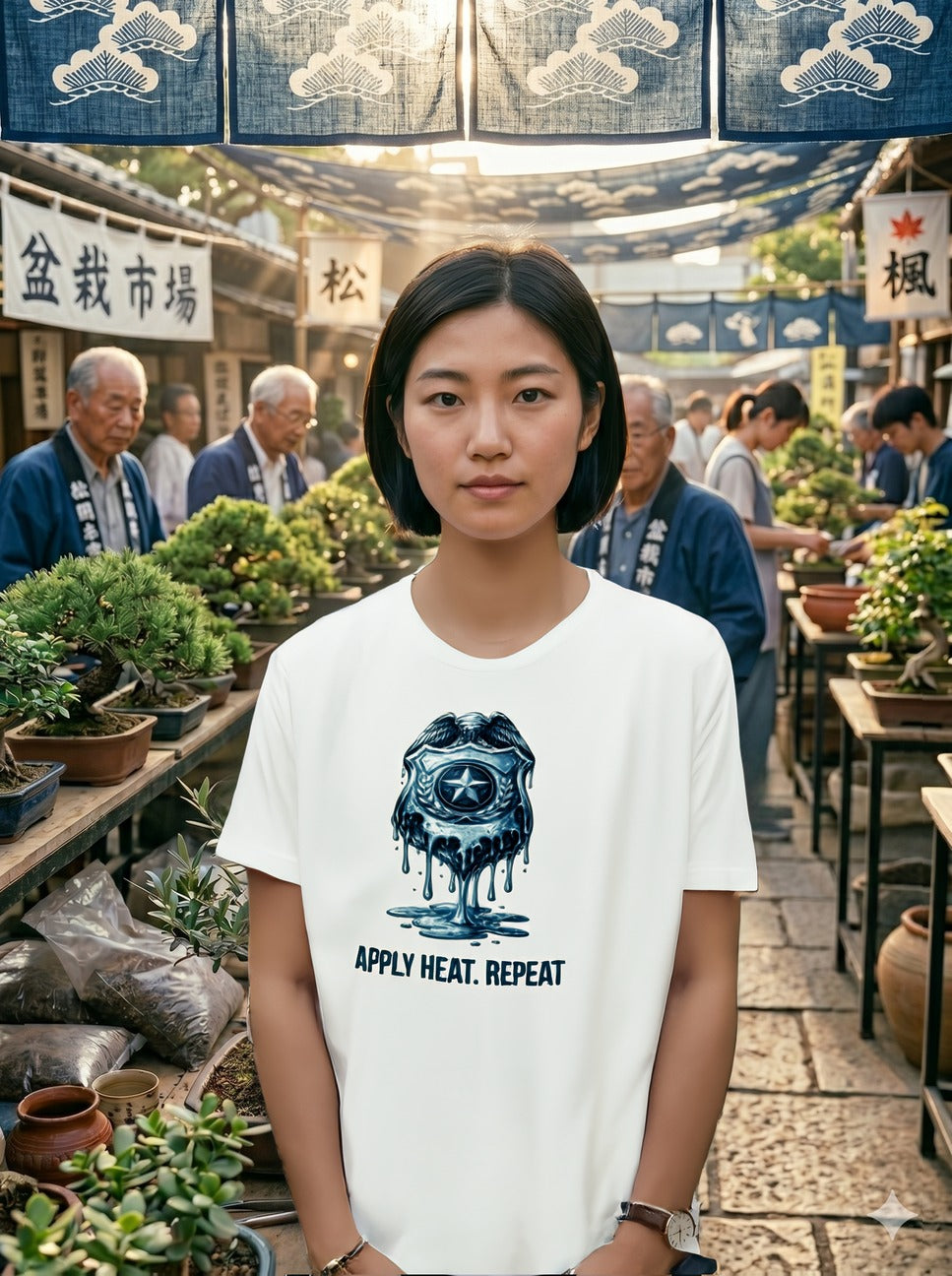 Apply Heat Repeat t-shirt by Moral Fabric — melting ICE badge graphic on progressive activist tee