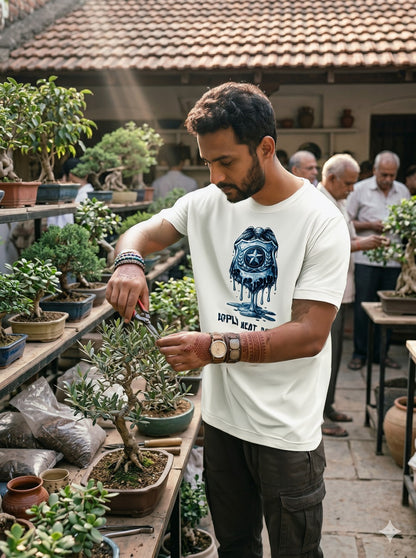Apply Heat Repeat t-shirt by Moral Fabric — melting ICE badge graphic on progressive activist tee