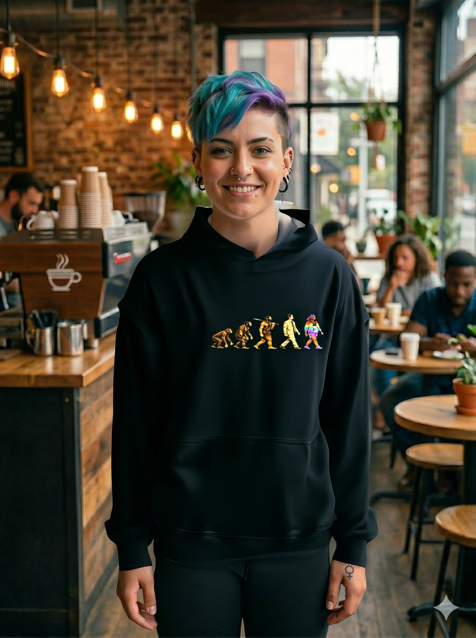 Darwin Evolution March hoodie by Moral Fabric — pro-science progressive political streetwear Canada