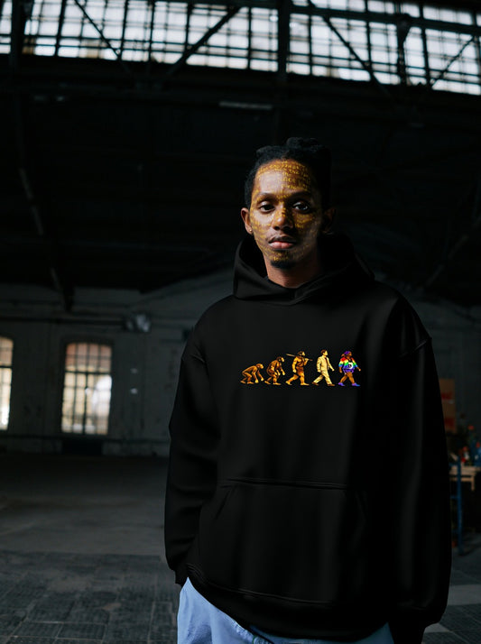 Darwin Evolution March hoodie by Moral Fabric — pro-science progressive political streetwear Canada