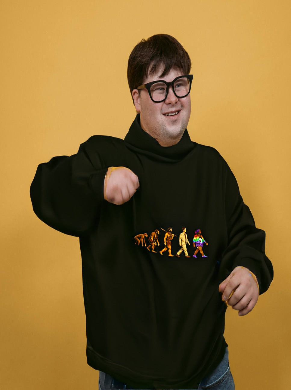 Darwin Evolution March hoodie by Moral Fabric — pro-science progressive political streetwear Canada