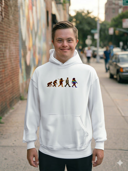 Evolution March Trans Pride hoodie by Moral Fabric — LGBTQ pro-science political streetwear Canada