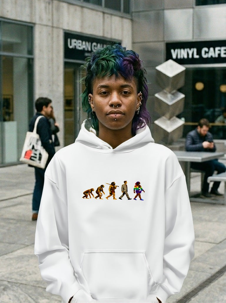 Evolution March Trans Pride hoodie by Moral Fabric — LGBTQ pro-science political streetwear Canada