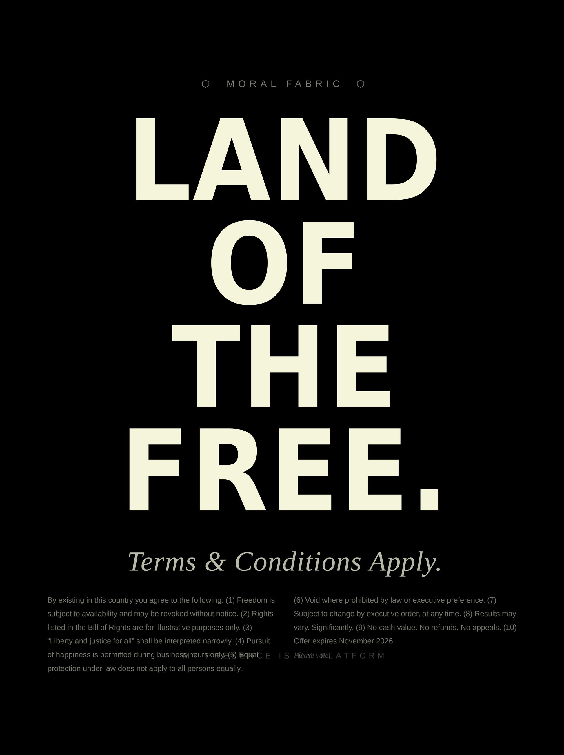 Land of the Free t-shirt by Moral Fabric — political satire tee for Canadians