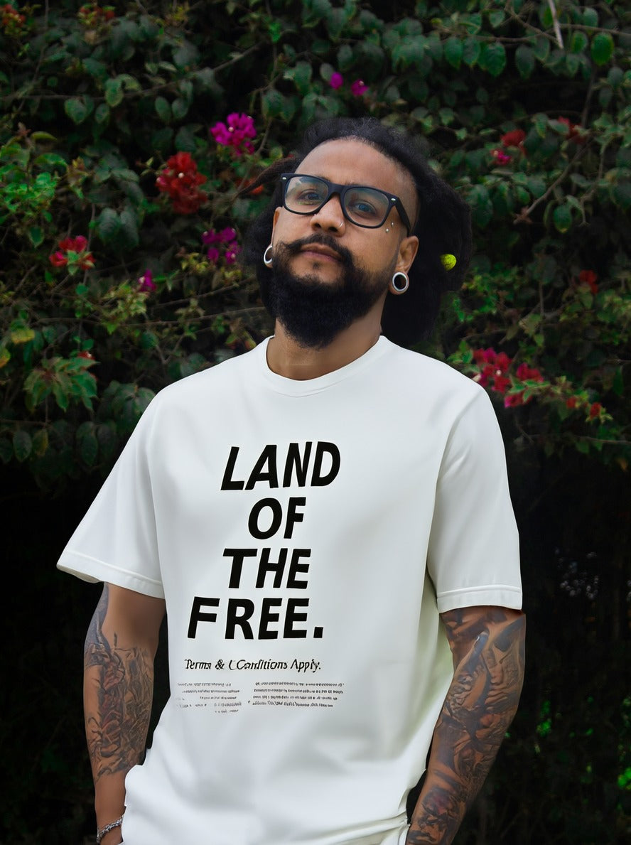 Land of the Free t-shirt by Moral Fabric — political satire tee for Canadians