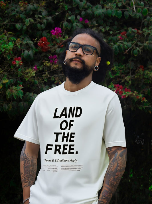 Land of the Free t-shirt by Moral Fabric — political satire tee for Canadians