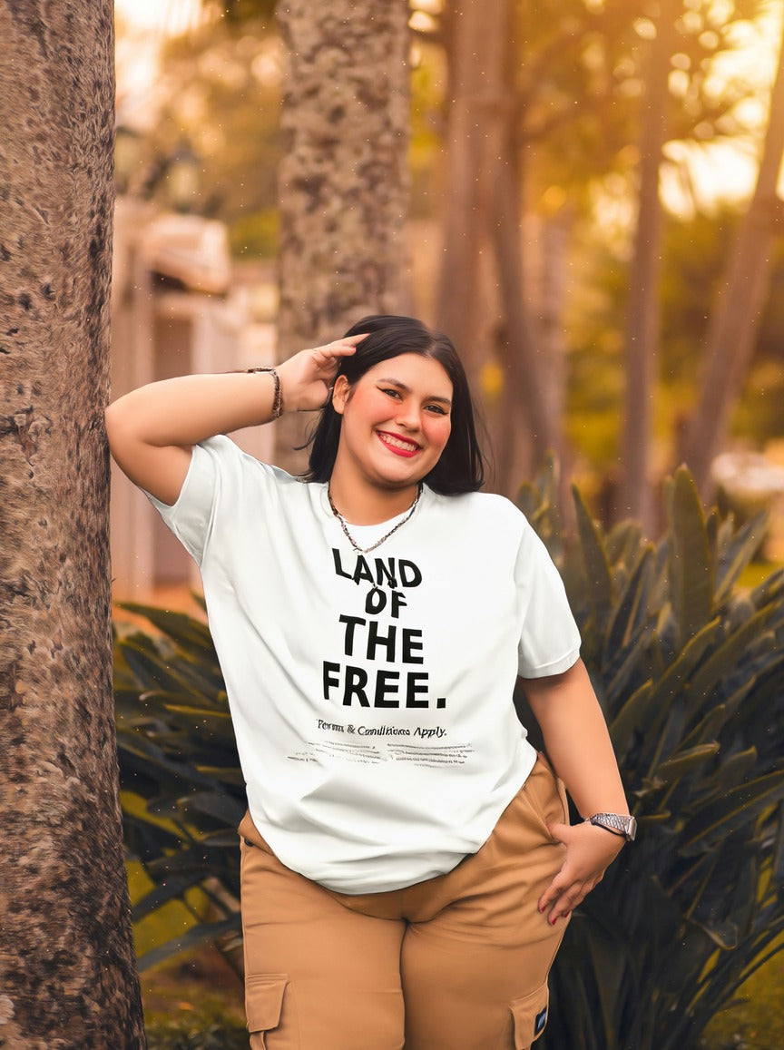 Land of the Free t-shirt by Moral Fabric — political satire tee for Canadians