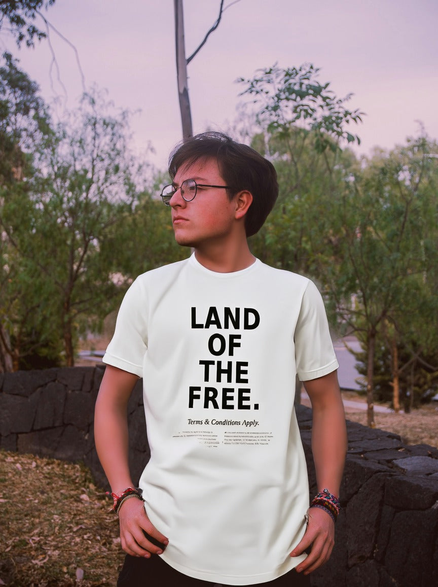 Land of the Free t-shirt by Moral Fabric — political satire tee for Canadians