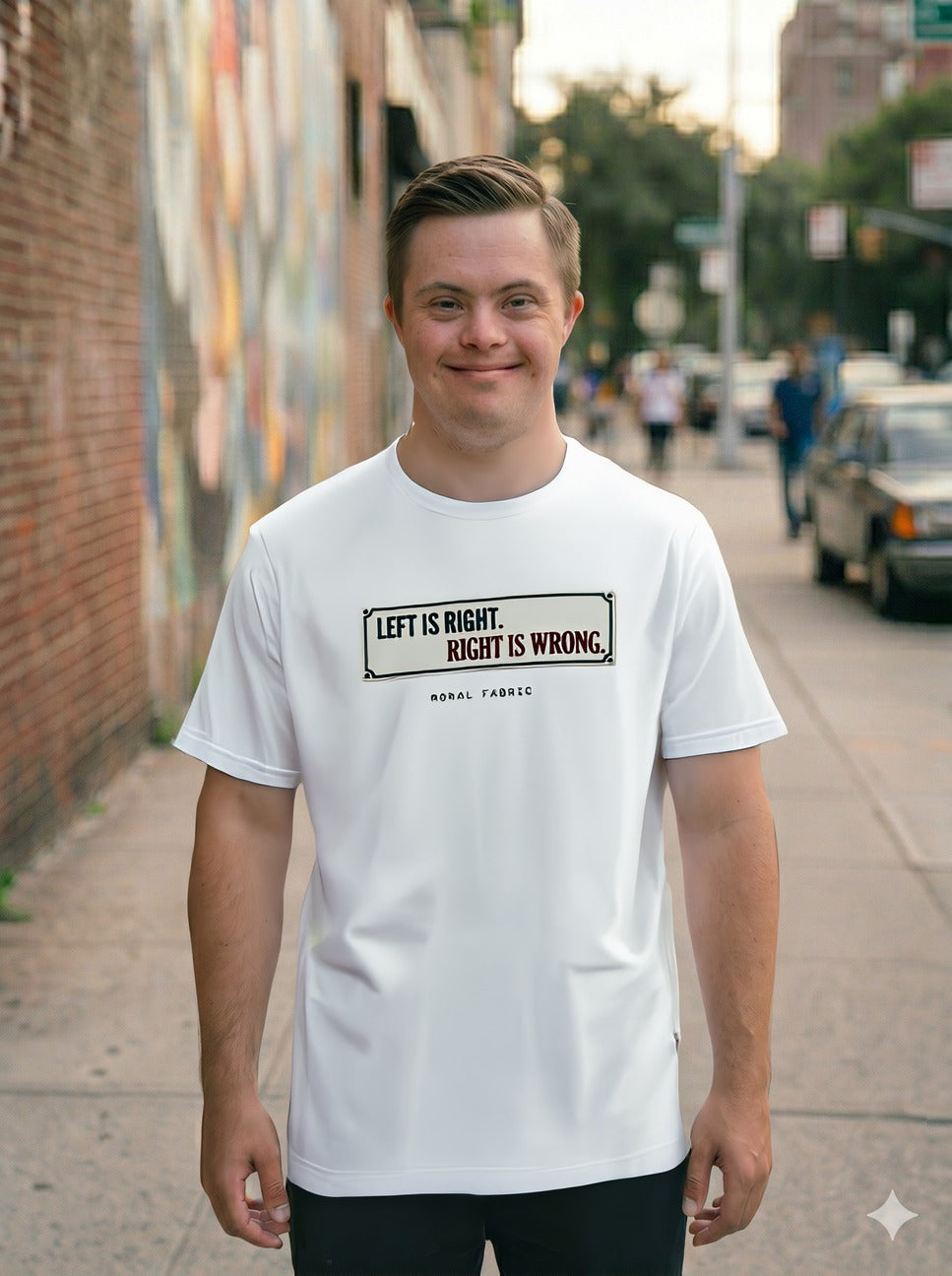 Left Is Right street sign t-shirt by Moral Fabric — progressive political graphic tee Canada