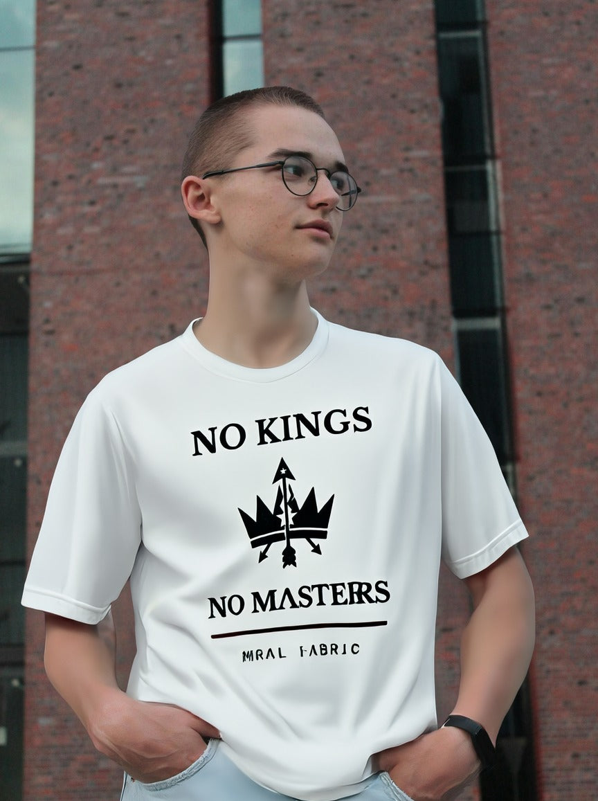 No Kings graphic t-shirt by Moral Fabric — anti-authoritarian progressive tee Canada
