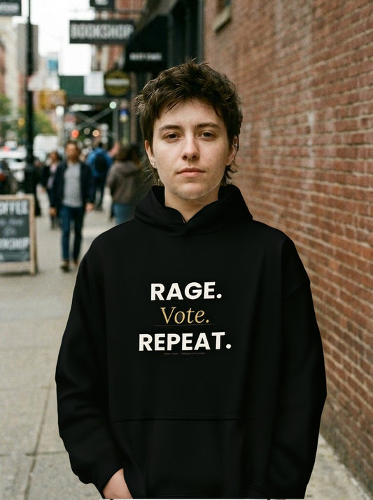 Rage Vote Repeat heavy blend hoodie by Moral Fabric — progressive political streetwear Canada